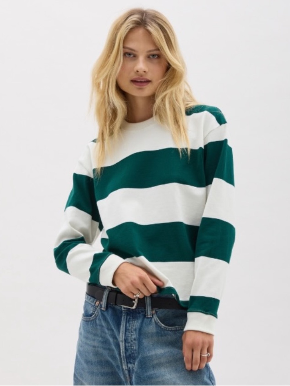 Richer Poorer Green and White Wide Stripe Long Sleeve Tee